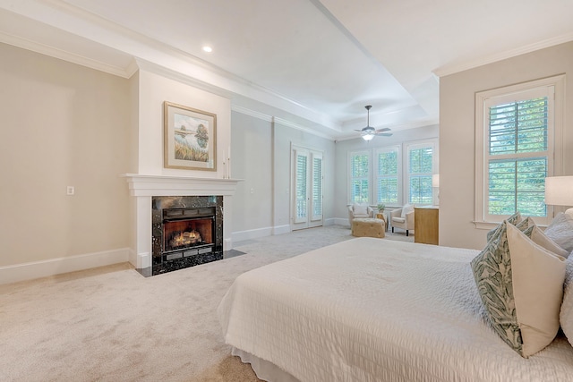 2701 Fountainhead Way, Mount Pleasant, SC 29466 - carpeted bedroom featuring baseboards, crown molding, a fireplace, recessed lighting, and ceiling fan