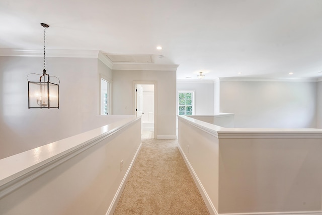 2701 Fountainhead Way, Mount Pleasant, SC 29466 - hall with attic access, crown molding, light carpet, baseboards, and recessed lighting