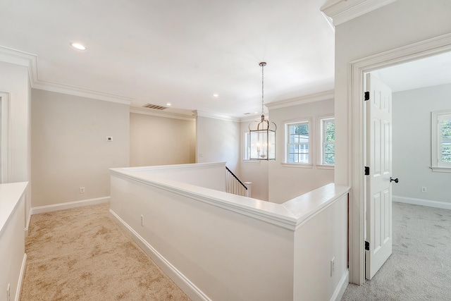 2701 Fountainhead Way, Mount Pleasant, SC 29466 - corridor with light colored carpet, ornamental molding, an upstairs landing, baseboards, and recessed lighting