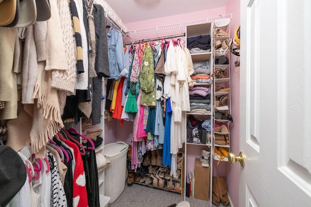 walk in closet with carpet