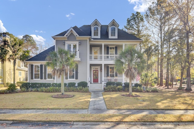 view of front of property featuring a porch, a balcony, and a front yard