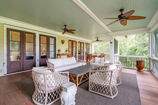 exterior space featuring ceiling fan and french doors