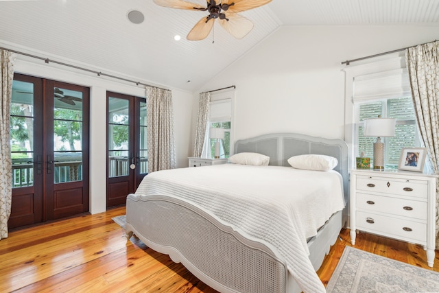 bedroom featuring light hardwood / wood-style flooring, ceiling fan, access to exterior, and french doors