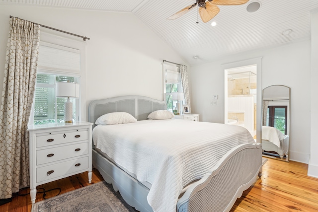 bedroom with multiple windows, ceiling fan, and light hardwood / wood-style flooring