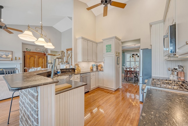 1308 Divot Ct, Mount Pleasant, SC 29466 - kitchen featuring ceiling fan, stainless steel appliances, high vaulted ceiling, light wood-style floors, and a peninsula