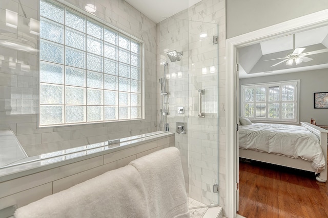 1308 Divot Ct, Mount Pleasant, SC 29466 - full bath featuring a shower stall, ensuite bathroom, ceiling fan, and wood finished floors