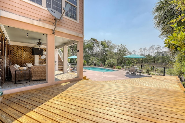 1308 Divot Ct, Mount Pleasant, SC 29466 - wooden terrace featuring outdoor dining space, a ceiling fan, and stairs