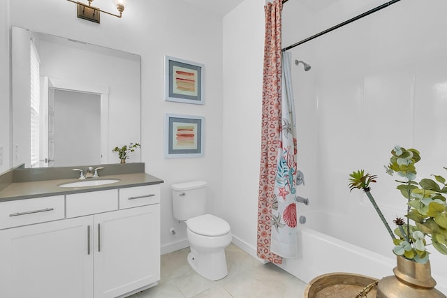 full bathroom featuring shower / tub combo with curtain, tile patterned floors, vanity, and toilet