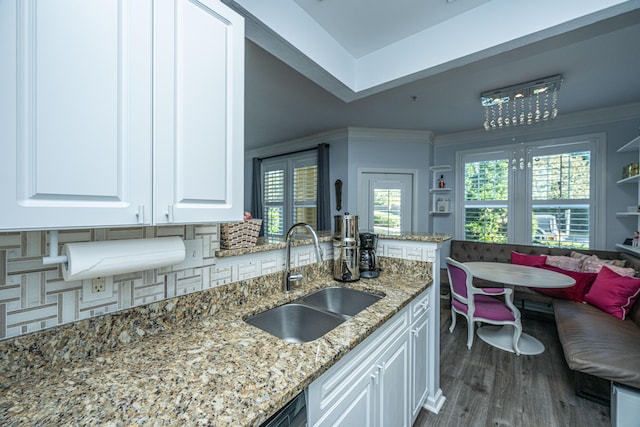 kitchen featuring light stone counters, dark wood-style flooring, a sink, white cabinetry, and a healthy amount of sunlight