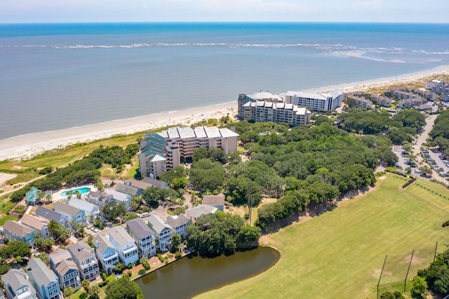 bird's eye view with a view of the beach and a water view