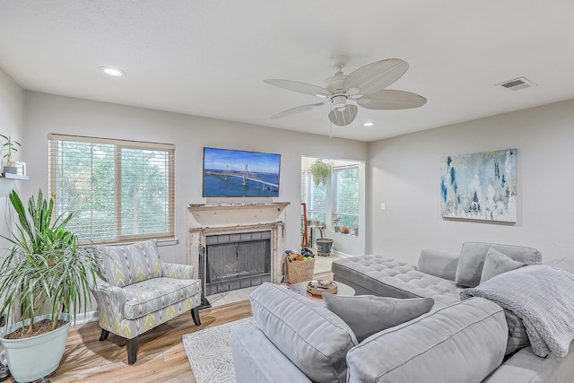 living room with ceiling fan, plenty of natural light, and light hardwood / wood-style floors