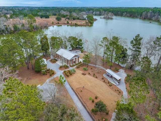 drone / aerial view featuring a water view