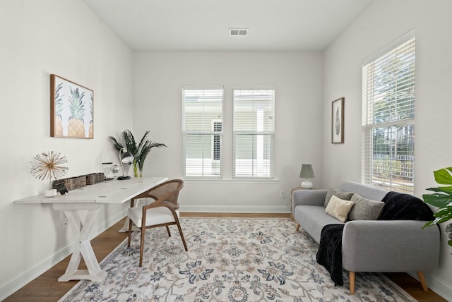 office featuring baseboards, a wealth of natural light, and wood finished floors