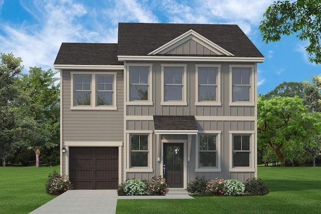 view of front of house with a shingled roof, an attached garage, board and batten siding, a front yard, and driveway