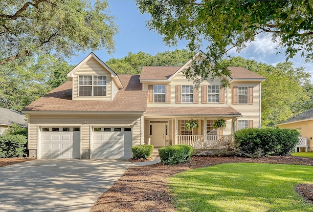1308 Wild Olive Dr, Mount Pleasant, SC 29464 - traditional home with a porch, driveway, a shingled roof, a front yard, and an attached garage