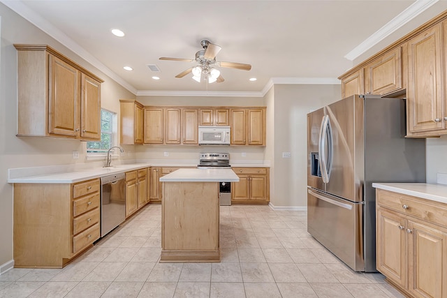 1308 Wild Olive Dr, Mount Pleasant, SC 29464 - kitchen featuring appliances with stainless steel finishes, ceiling fan, light countertops, light tile patterned flooring, and ornamental molding