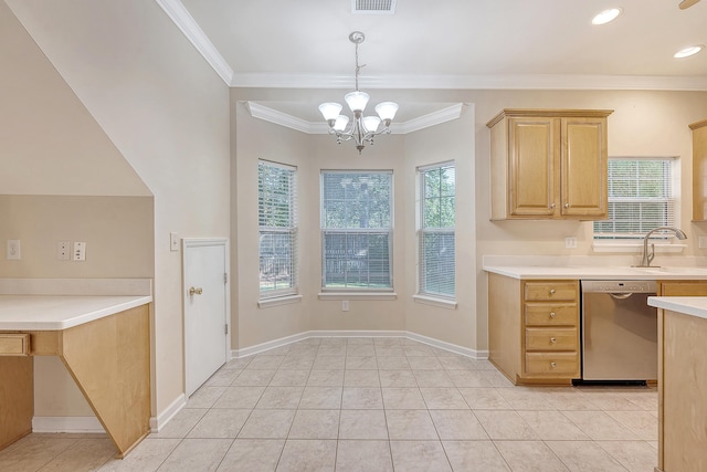 1308 Wild Olive Dr, Mount Pleasant, SC 29464 - kitchen featuring stainless steel dishwasher, a chandelier, light countertops, light tile patterned flooring, and ornamental molding