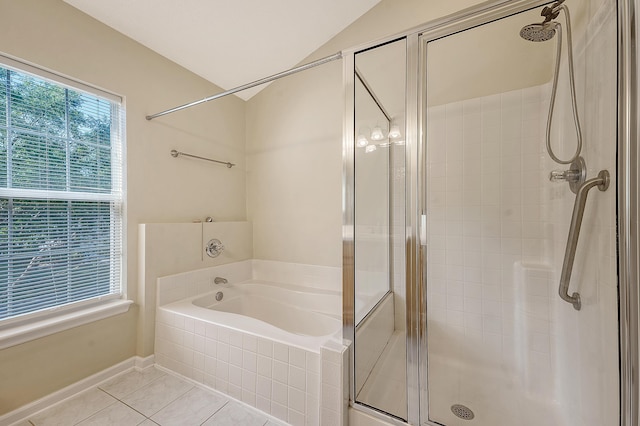 1308 Wild Olive Dr, Mount Pleasant, SC 29464 - full bath with a shower stall, a bath, tile patterned floors, and lofted ceiling