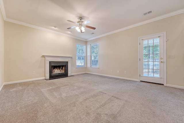 1308 Wild Olive Dr, Mount Pleasant, SC 29464 - unfurnished living room featuring ornamental molding, ceiling fan, carpet, and a fireplace with flush hearth
