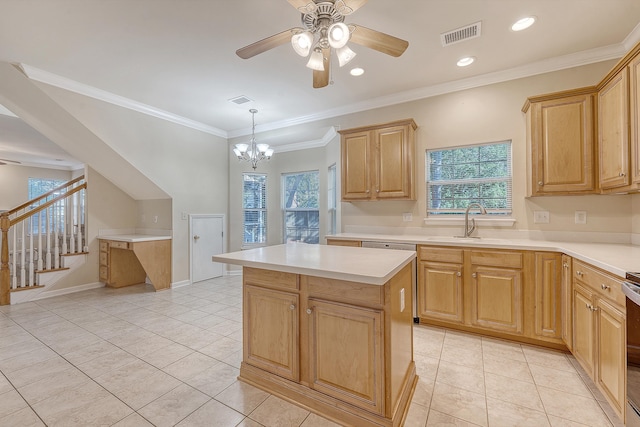 1308 Wild Olive Dr, Mount Pleasant, SC 29464 - kitchen featuring light tile patterned floors, light countertops, a chandelier, a center island, and a ceiling fan
