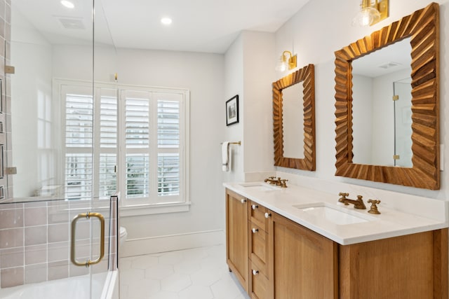 bathroom featuring tile patterned flooring, vanity, and plus walk in shower