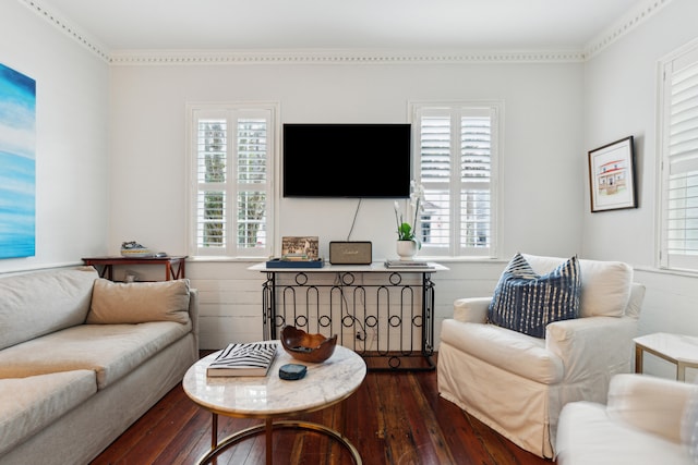 living room featuring a wealth of natural light and dark hardwood / wood-style floors