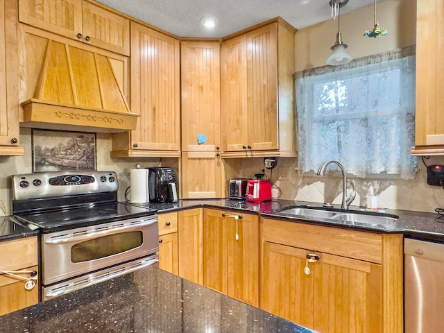 kitchen with backsplash, sink, custom exhaust hood, and appliances with stainless steel finishes