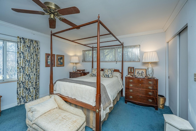 bedroom featuring carpet flooring, ceiling fan, and ornamental molding