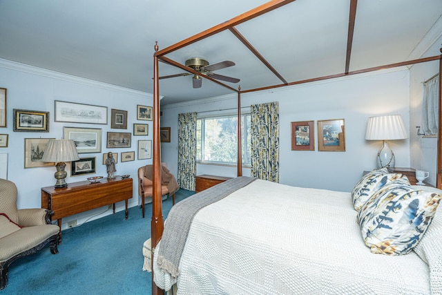 carpeted bedroom featuring ceiling fan and crown molding