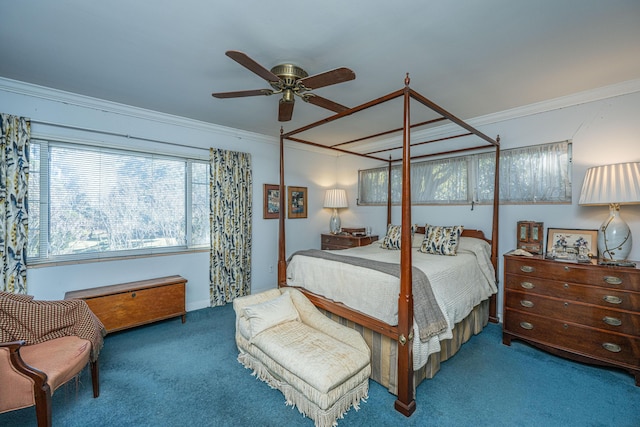 bedroom with carpet flooring, ceiling fan, and ornamental molding