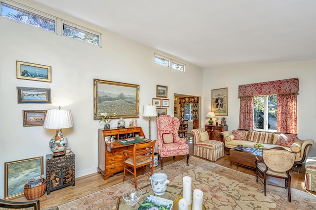 living area featuring light hardwood / wood-style floors and vaulted ceiling