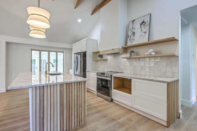 2534 Flamingo Dr, Charleston, SC 29414 - kitchen with stainless steel appliances, open shelves, a sink, backsplash, and recessed lighting
