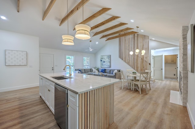 2534 Flamingo Dr, Charleston, SC 29414 - kitchen featuring a sink, dishwasher, light stone countertops, beamed ceiling, and light wood-style floors