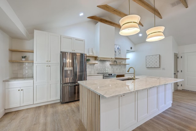 2534 Flamingo Dr, Charleston, SC 29414 - kitchen with open shelves, appliances with stainless steel finishes, a sink, light wood finished floors, and beam ceiling