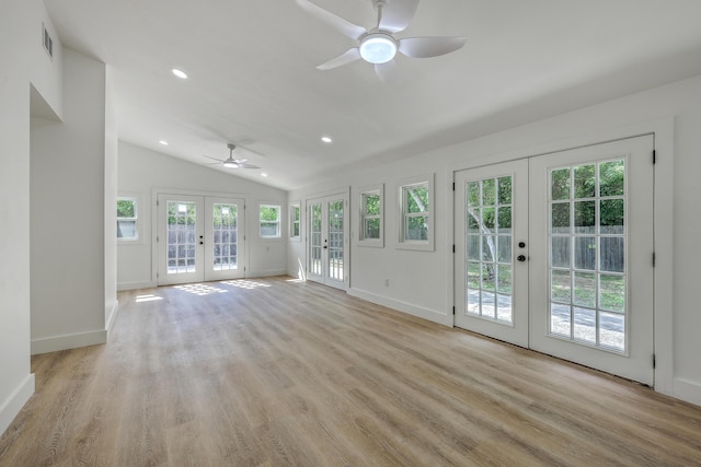 2534 Flamingo Dr, Charleston, SC 29414 - unfurnished living room with french doors, ceiling fan, light wood-style floors, vaulted ceiling, and recessed lighting