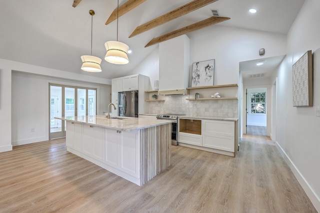 2534 Flamingo Dr, Charleston, SC 29414 - kitchen featuring stainless steel appliances, open shelves, a sink, light wood-style flooring, and backsplash