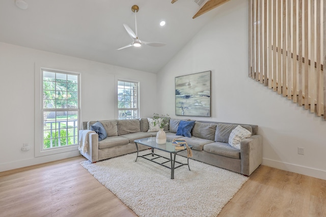 2534 Flamingo Dr, Charleston, SC 29414 - living room with light wood-style floors, baseboards, a ceiling fan, high vaulted ceiling, and recessed lighting