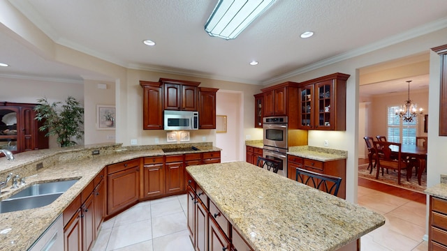 kitchen featuring appliances with stainless steel finishes, light tile patterned floors, a chandelier, glass insert cabinets, and recessed lighting
