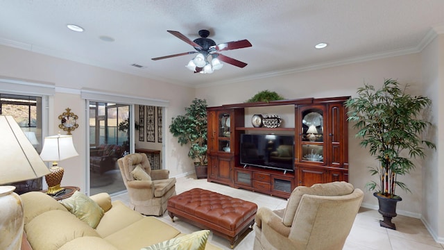living room with ceiling fan, crown molding, light tile patterned flooring, and recessed lighting