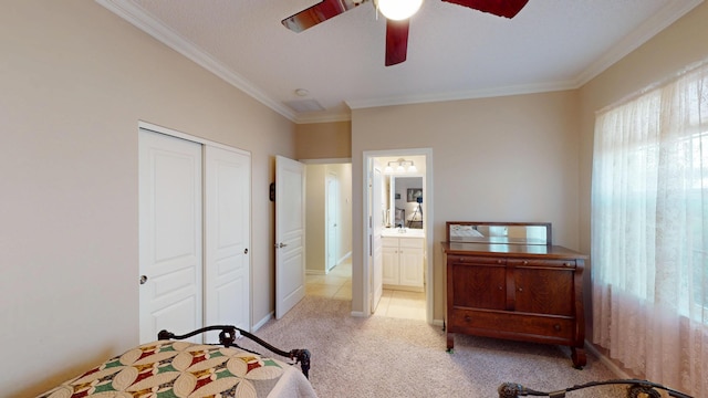 bedroom featuring multiple windows, crown molding, light carpet, a closet, and a ceiling fan