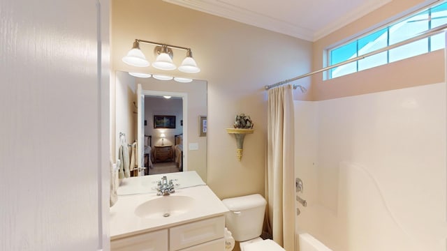 bathroom featuring vanity, shower / bathtub combination with curtain, and crown molding
