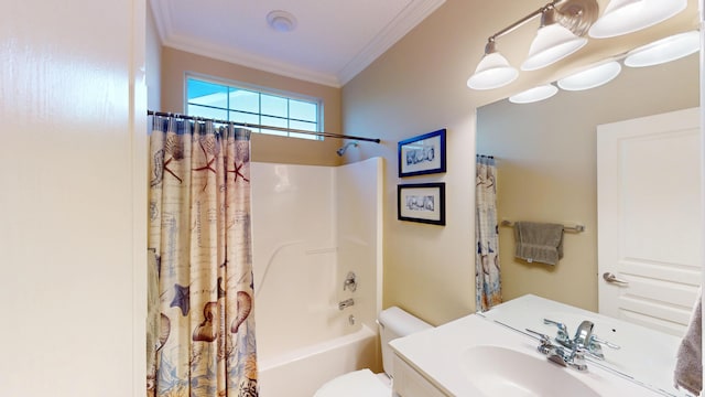full bathroom featuring ornamental molding, shower / bath combo, and vanity