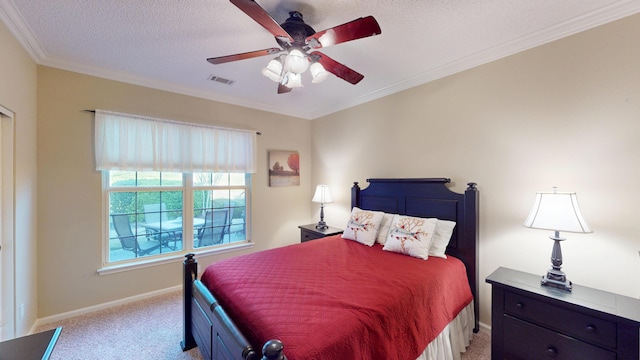 bedroom with light colored carpet, ornamental molding, and a ceiling fan