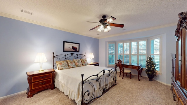 bedroom with light colored carpet, ornamental molding, a textured ceiling, and ceiling fan