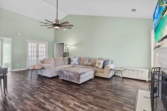 living room featuring ceiling fan, french doors, wood finished floors, and visible vents