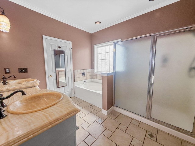 full bath featuring ornamental molding, a sink, a shower stall, and a bath