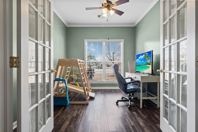 office area featuring french doors, dark wood finished floors, ornamental molding, a ceiling fan, and baseboards