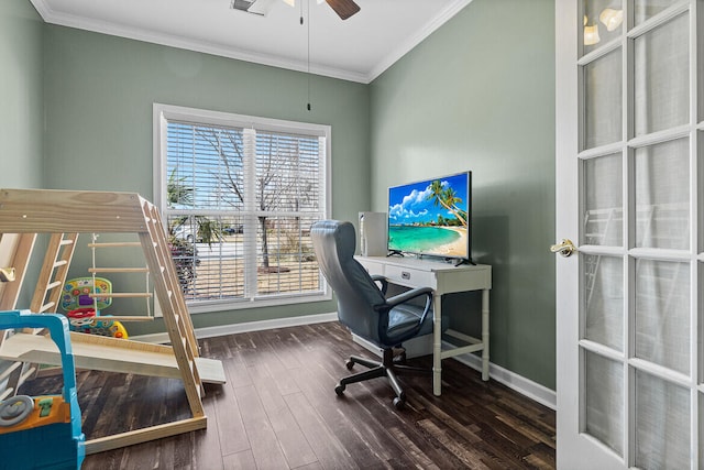 office featuring a ceiling fan, baseboards, crown molding, and wood finished floors