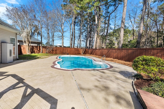 view of swimming pool featuring a fenced backyard, a fenced in pool, and a patio