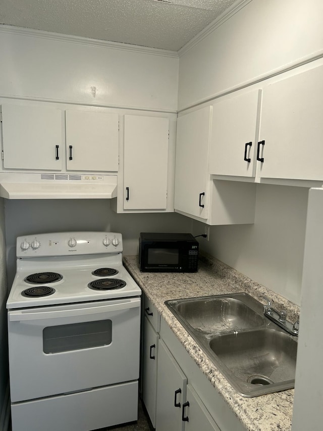 kitchen featuring under cabinet range hood, ornamental molding, white electric range, a sink, and white cabinets